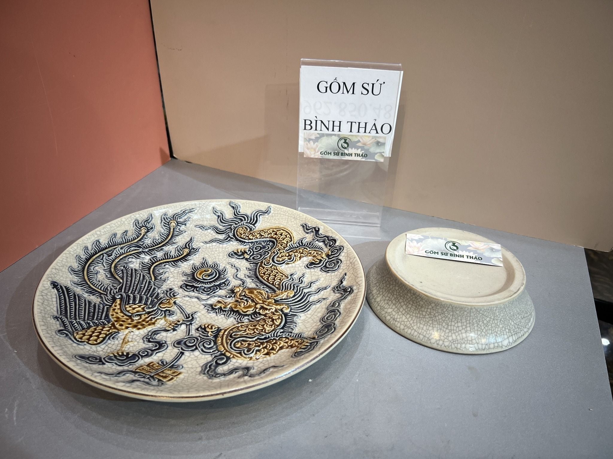  Mâm bồng Rồng Phượng Men rạn Đắp nổi PA 