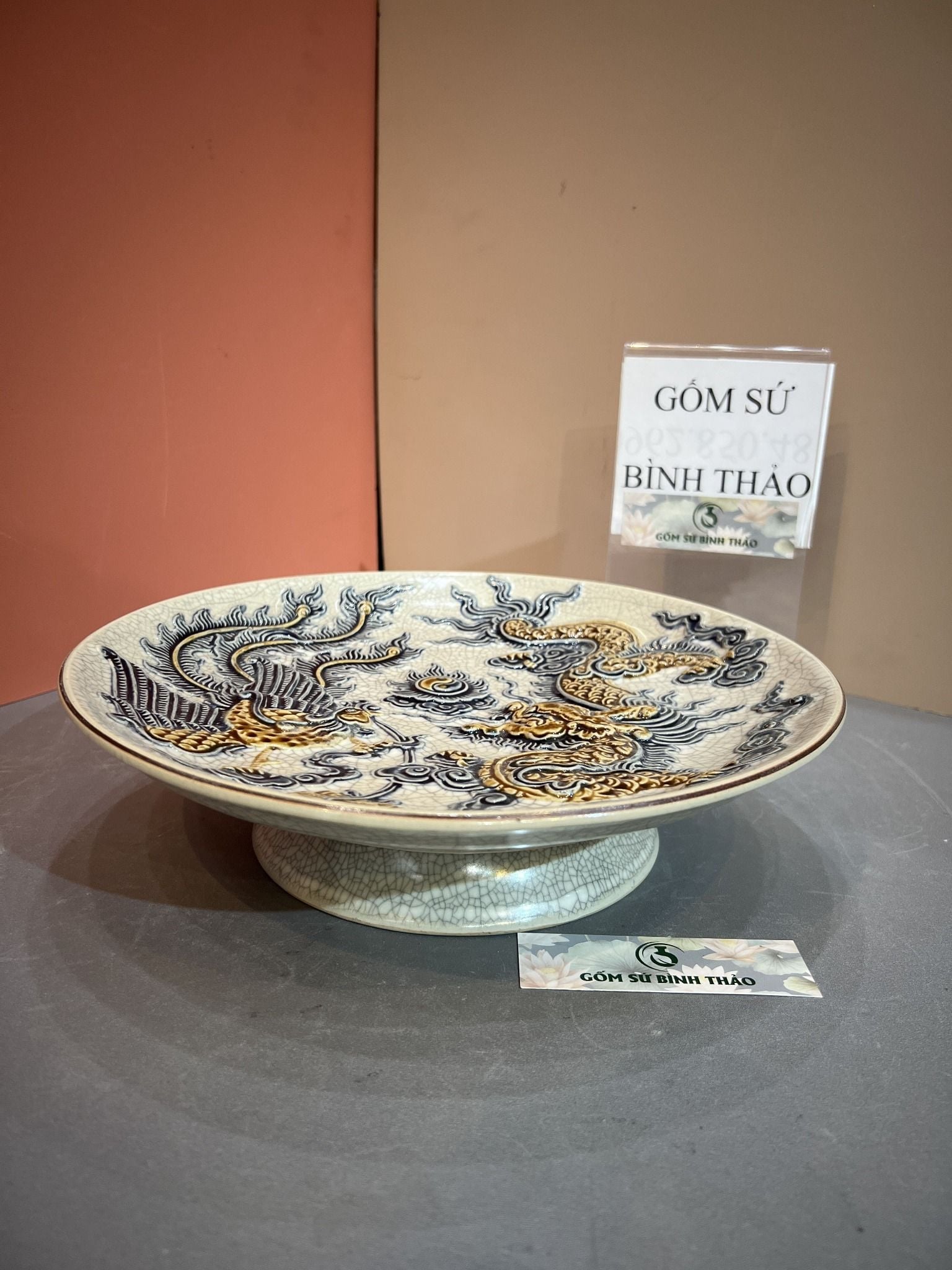  Mâm bồng Rồng Phượng Men rạn Đắp nổi PA 