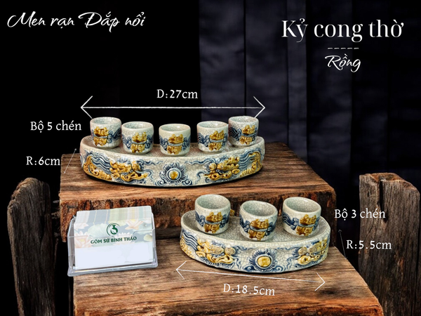  Bộ kỷ thờ men rạn đắp nổi dáng cong - gốm sứ Bát Tràng 