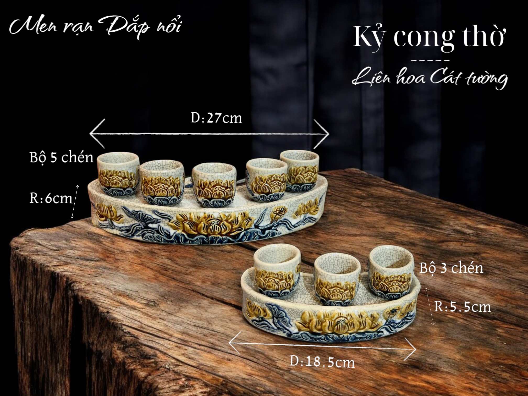  Bộ kỷ thờ men rạn đắp nổi dáng cong - gốm sứ Bát Tràng 