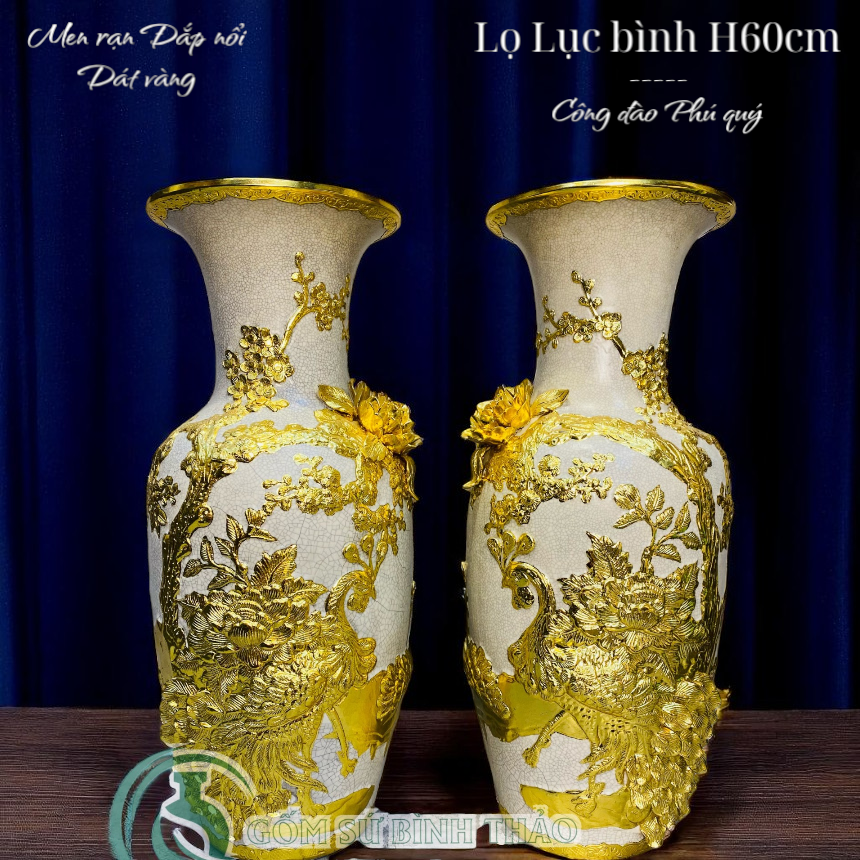  H60 - Lọ lộc bình Công đào men rạn đắp nổi dát vàng 