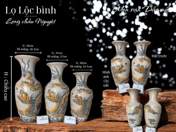  Lọ lộc bình Rồng Men rạn Đắp nổi PA 