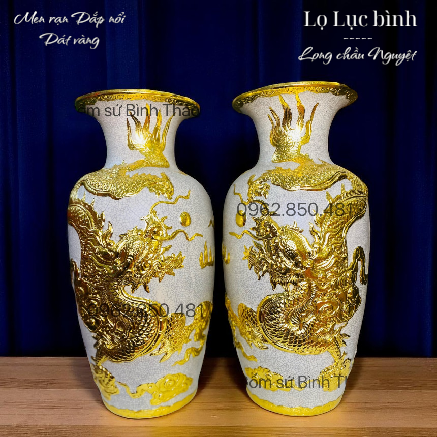  Lọ lộc bình Rồng Men rạn đắp nổi Dát vàng 