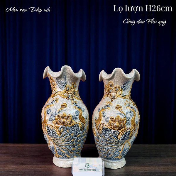  Lọ lượn Công đào  Men rạn Đắp nổi PA 