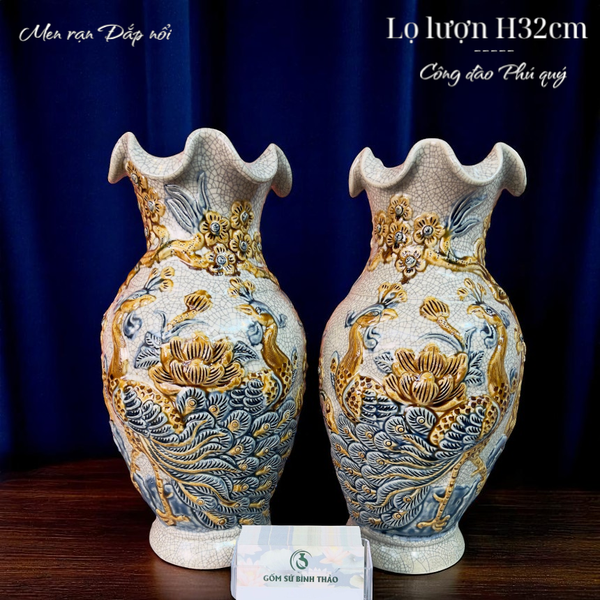  Lọ lượn Công đào  Men rạn Đắp nổi PA 