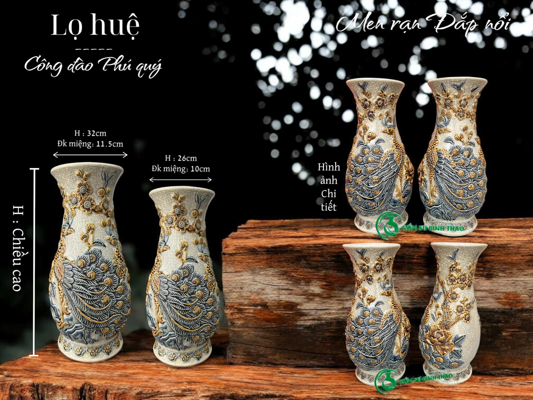  Lọ huệ Công đào Men rạn Đắp nổi PA 