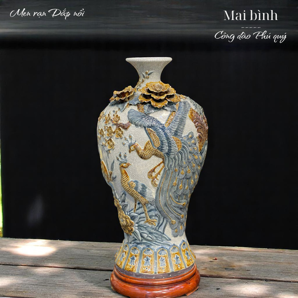  Mai bình Công thành danh toại Men rạn đắp nổi - Hàng nghệ nhân Bát Tràng 