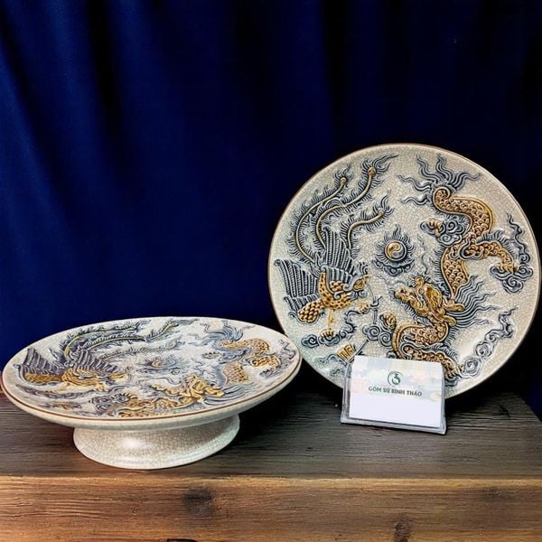  Mâm bồng Rồng Phượng Men rạn Đắp nổi PA 