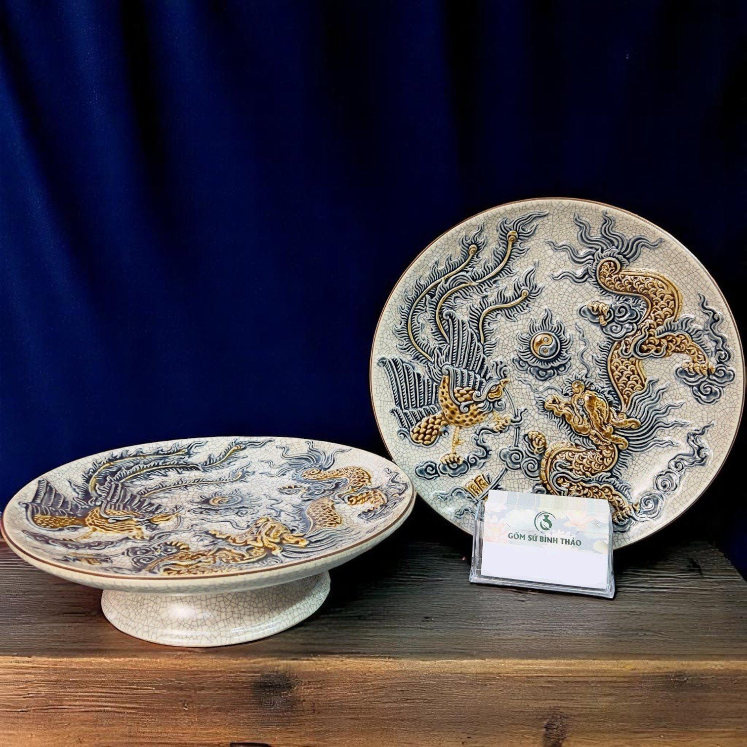  Mâm bồng Rồng Phượng Men rạn Đắp nổi PA 