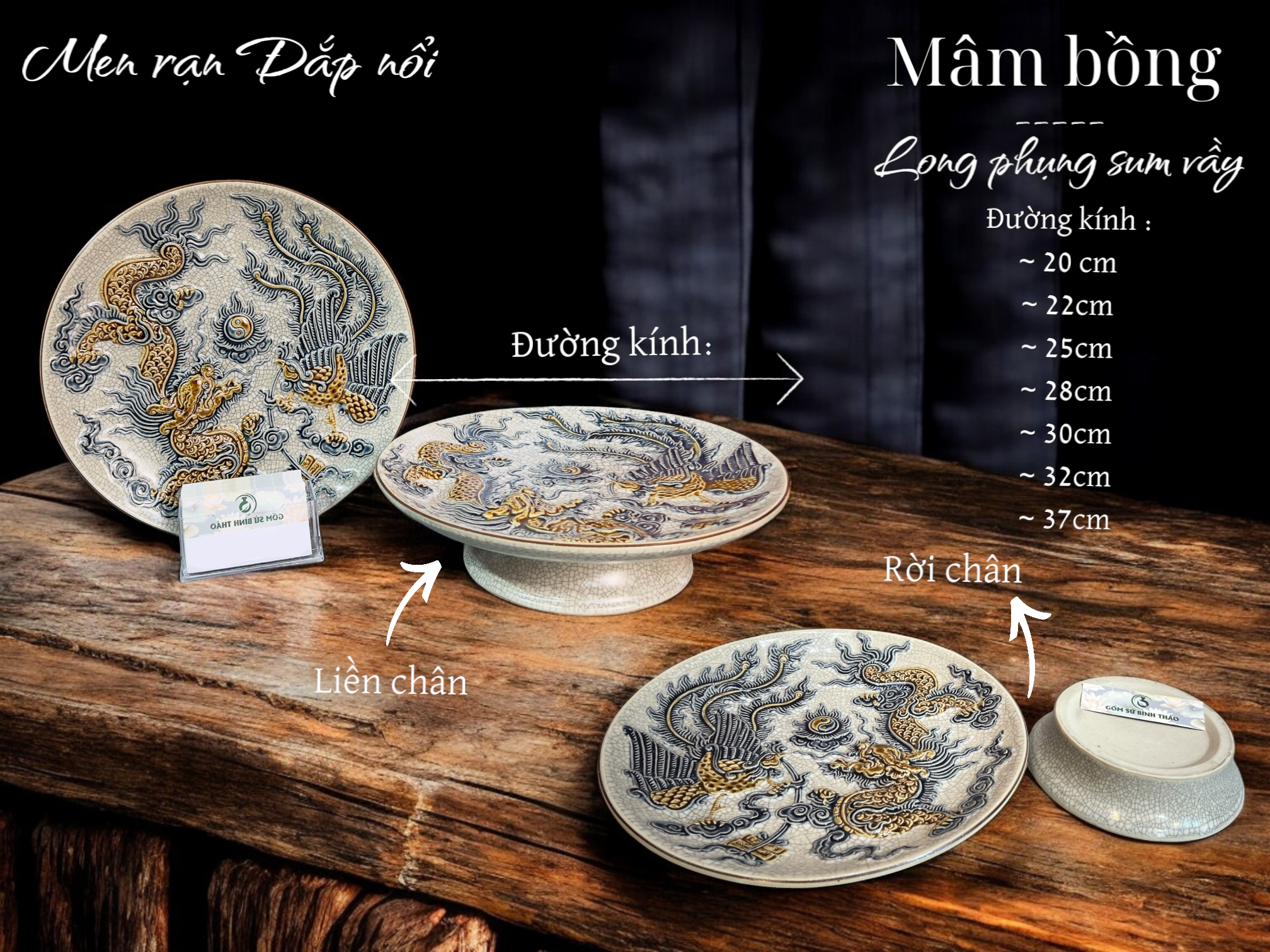  Mâm bồng Rồng Phượng Men rạn Đắp nổi PA 