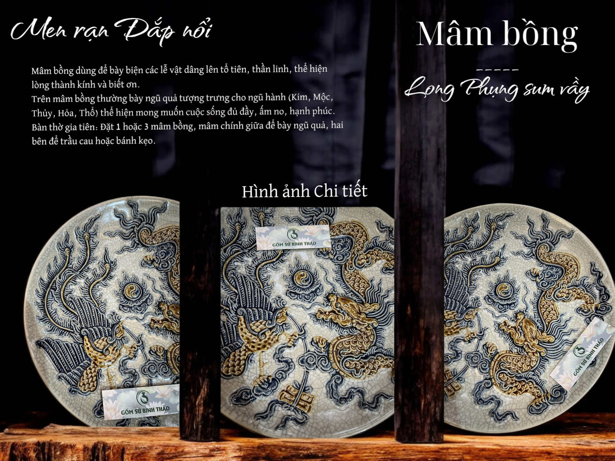  Mâm bồng Rồng Phượng Men rạn Đắp nổi PA 