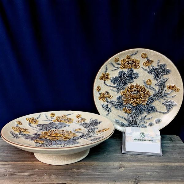  Mâm bồng Sen Men rạn Đắp nổi PA 