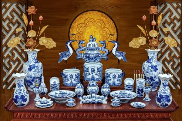  Bộ đồ thờ Bát Tràng men Lam Cao Cấp Nghệ nhân vẽ tay MLLA10 