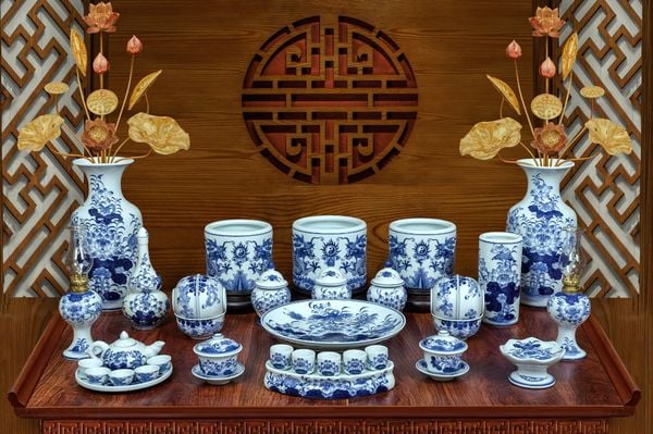  Bộ đồ thờ Bát Tràng men Lam Cao Cấp Nghệ nhân vẽ tay MLL11 