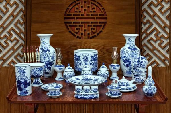  Bộ đồ thờ Bát Tràng men Lam Cao Cấp Nghệ nhân vẽ tay MLLA1 