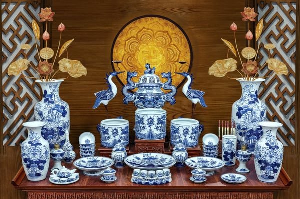  Bộ đồ thờ Bát Tràng men Lam Cao Cấp Nghệ nhân vẽ tay MLLA7 