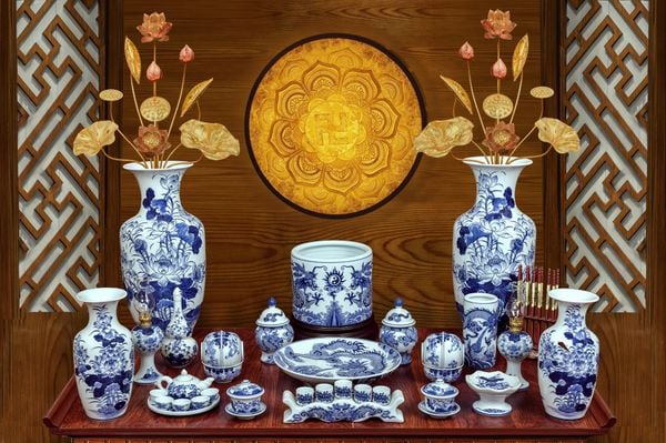  Bộ đồ thờ Bát Tràng men Lam Cao Cấp Nghệ nhân vẽ tay MLLA9 