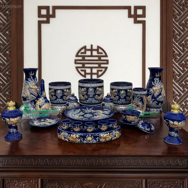  Bộ đồ thờ Gia tiên 3 Bát hương Hợp mệnh Thủy & Mộc - Gốm nghệ nhân Bát Tràng MMPA09 