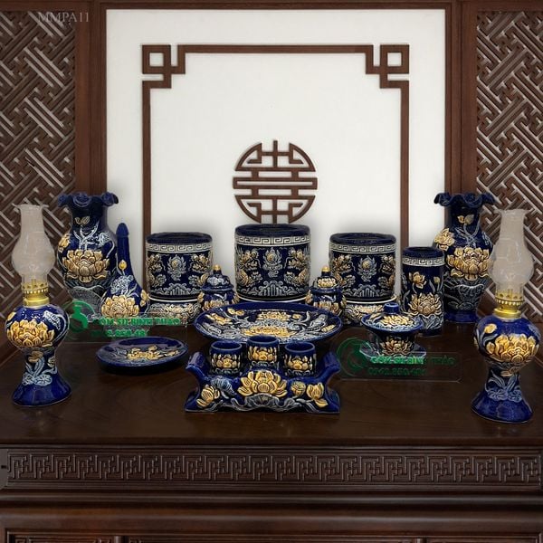  Bộ đồ thờ Gia tiên 3 Bát hương Hợp mệnh Thủy & Mộc - Gốm nghệ nhân Bát Tràng MMPA11 