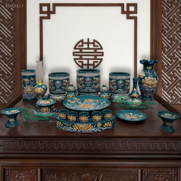  Bộ đờ thờ 3 bát hương Gốm sứ Bát Tràng Hợp mệnh Mộc & Hỏa - Gốm nghệ nhân Bát Tràng MMPA13 