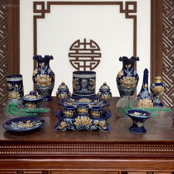  Bộ đồ thờ 1 Bát hương Hợp mệnh Thủy & Mộc - Gốm nghệ nhân Bát Tràng MMPA16 