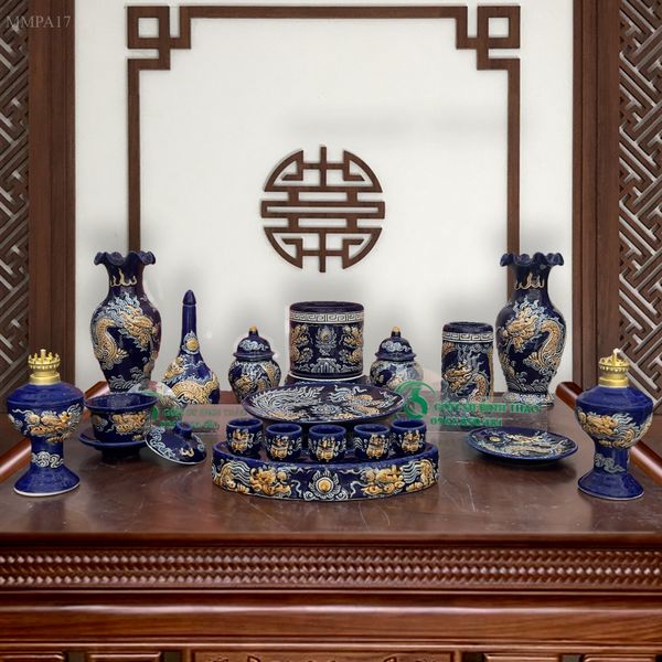  Bộ đồ thờ 1 Bát hương Hợp mệnh Thủy & Mộc - Gốm nghệ nhân Bát Tràng MMPA17 