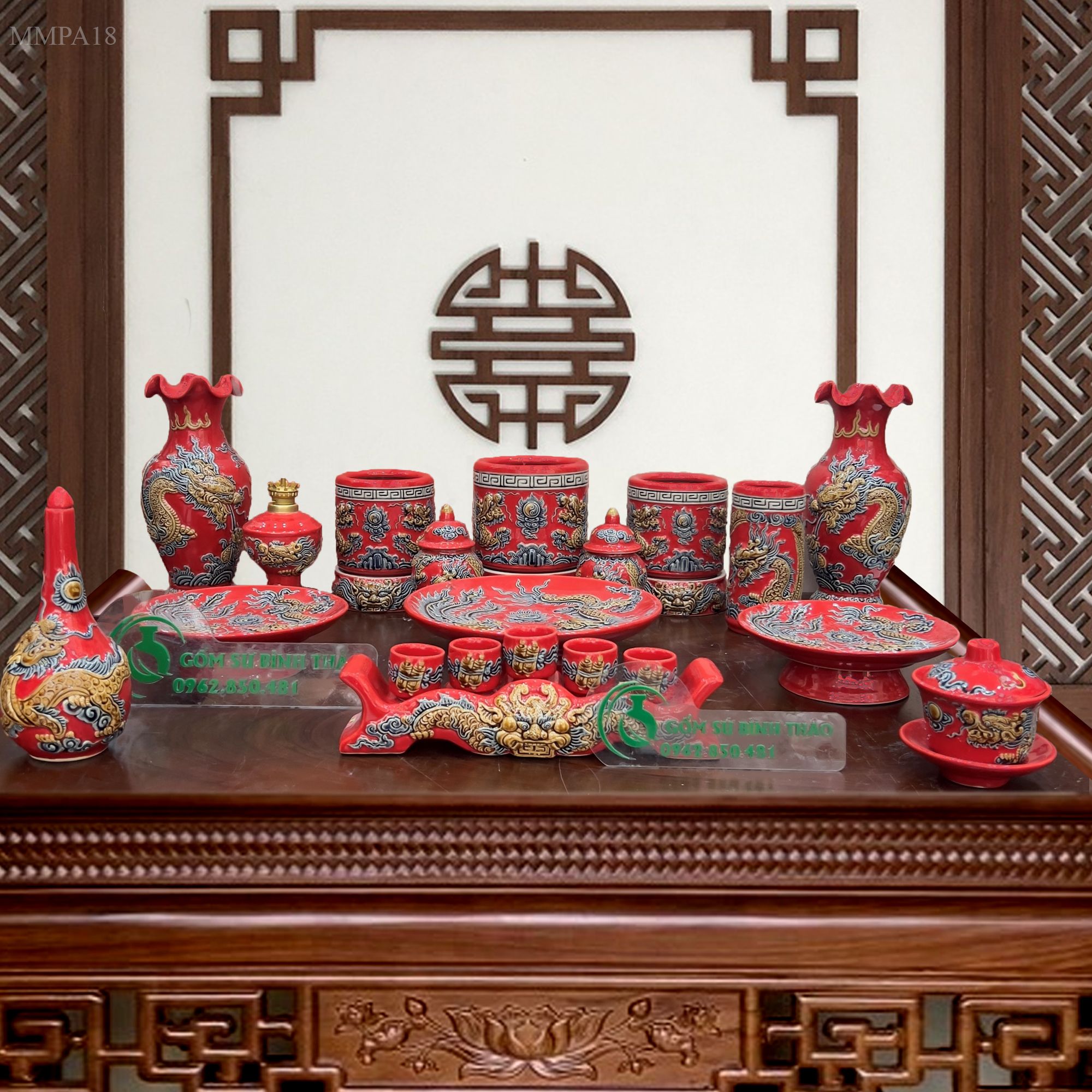  Bộ đồ thờ gốm sứ Bát Tràng men màu Hợp mệnh Hỏa & Thổ - Gốm nghệ nhân Bát Tràng MMPA18 