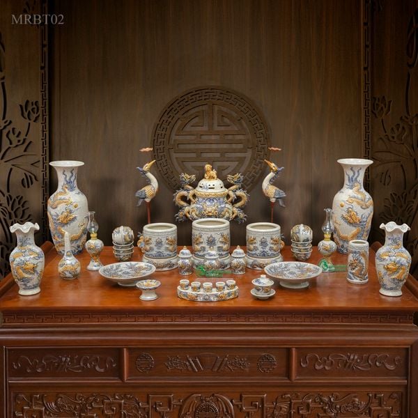 Bộ đồ thờ cúng Gia tiên Gốm sứ Bát Tràng Men rạn Đắp nổi - Hàng chuẩn Nghệ nhân MRBT02 