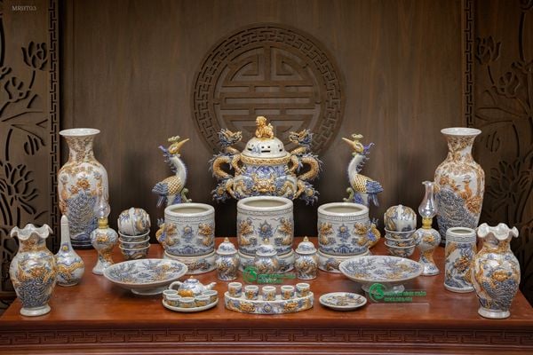  Bộ Bát hương đầy đủ Gốm sứ Bát Tràng Men rạn Đắp nổi - Hàng chuẩn Nghệ nhân MRBT03 