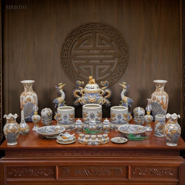  Bộ Bát hương đầy đủ Gốm sứ Bát Tràng Men rạn Đắp nổi - Hàng chuẩn Nghệ nhân MRBT03 