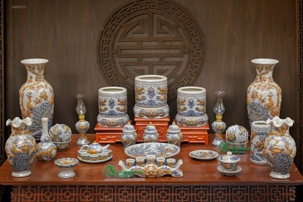  Bộ đồ thờ 3 Bát hương Gốm sứ Bát Tràng Men rạn Đắp nổi - Hàng chuẩn Nghệ nhân MRBT05 