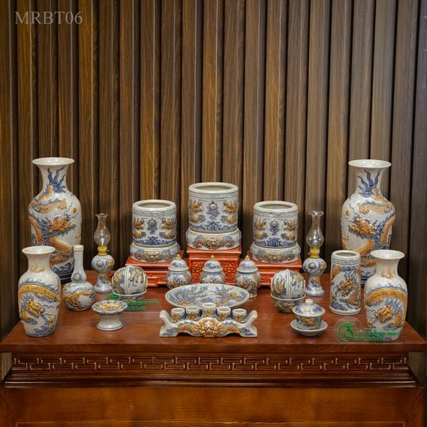  Bộ Bát hương thờ Gia tiên Gốm sứ Bát Tràng Men rạn Đắp nổi - Hàng chuẩn Nghệ nhân MRBT06 