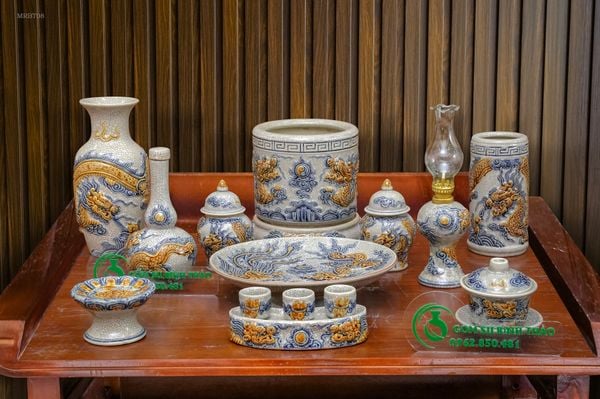  Bộ đồ thờ 1 Bát hương Gốm sứ Bát Tràng Men rạn Đắp nổi - Hàng chuẩn Nghệ nhân MRBT08 