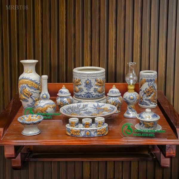  Bộ đồ thờ 1 Bát hương Gốm sứ Bát Tràng Men rạn Đắp nổi - Hàng chuẩn Nghệ nhân MRBT08 
