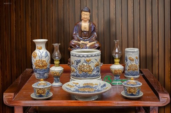  Bộ đô thờ Phật Gốm sứ Bát Tràng Men rạn Đắp nổi - Hàng chuẩn Nghệ nhân MRBT11 