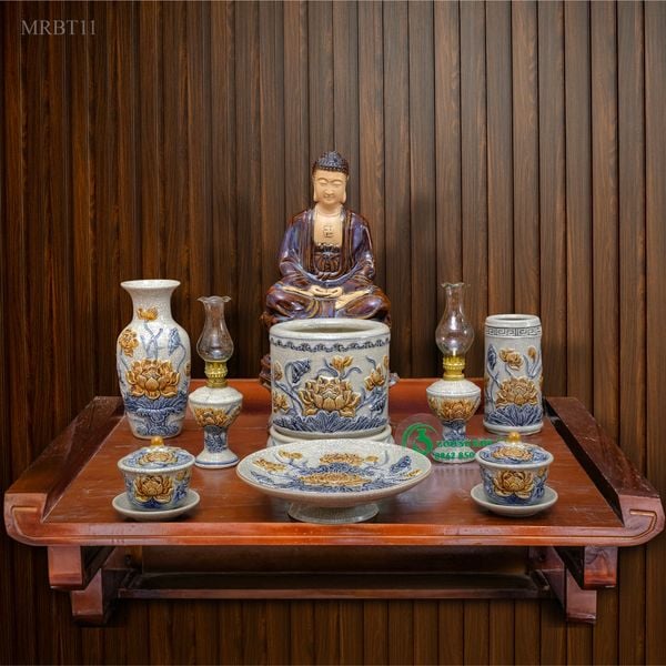  Bộ đô thờ Phật Gốm sứ Bát Tràng Men rạn Đắp nổi - Hàng chuẩn Nghệ nhân MRBT11 