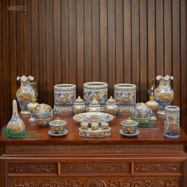  Bộ đồ thờ 3 Bát hương Họa tiết Sen Bát Tràng Men rạn Đắp nổi - Hàng chuẩn Nghệ nhân MRBT12 