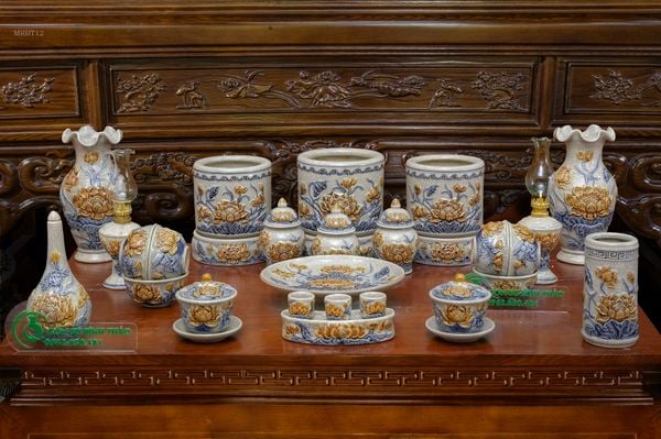  Bộ đồ thờ 3 Bát hương Họa tiết Sen Bát Tràng Men rạn Đắp nổi - Hàng chuẩn Nghệ nhân MRBT12 