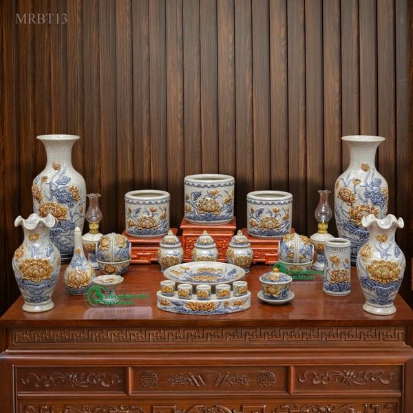  Đồ thờ Bát Tràng Họa tiết Sen Men rạn Đắp nổi - Hàng chuẩn Nghệ nhân MRBT13 