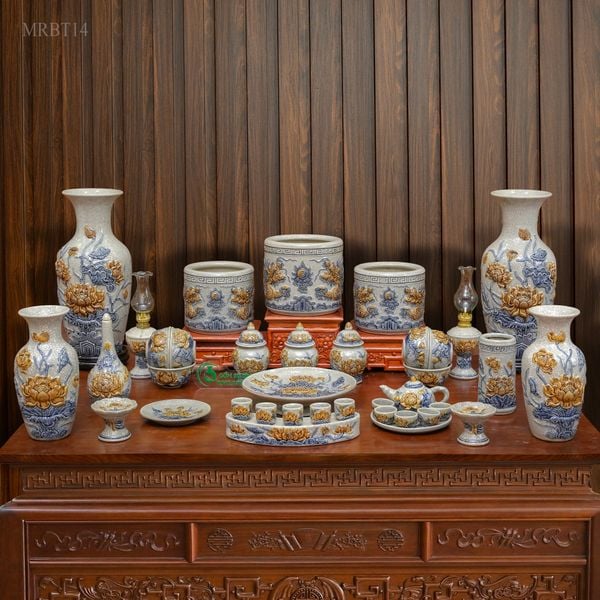  Bộ đồ thờ Gia tiên 3 Bát hương Men rạn Đắp nổi - Hàng chuẩn Nghệ nhân MRBT14 