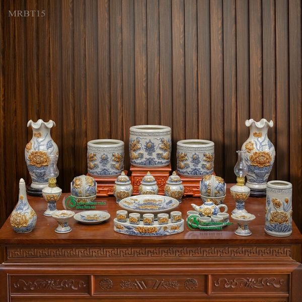  Bộ đồ thờ Gia tiên Cơ bản Men rạn Đắp nổi - Hàng chuẩn Nghệ nhân MRBT15 