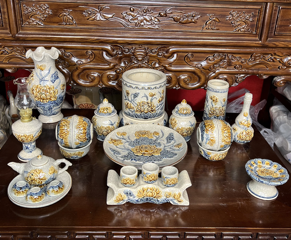  Bộ đồ thờ Bát Tràng Hoa sen Men Rạn đắp nổi hàng Nghệ nhân MRPA10 