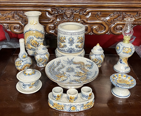  Bộ đồ thờ Bát Tràng 1 Bát hương Men Rạn đắp nổi hàng Nghệ nhân MRPA02 