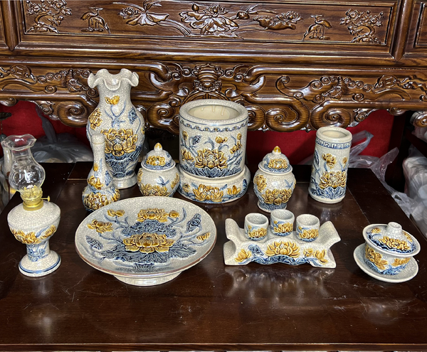  Đồ thờ Phật Hoa sen Men Rạn đắp nổi Bát Tràng hàng Nghệ nhân MRPA05 