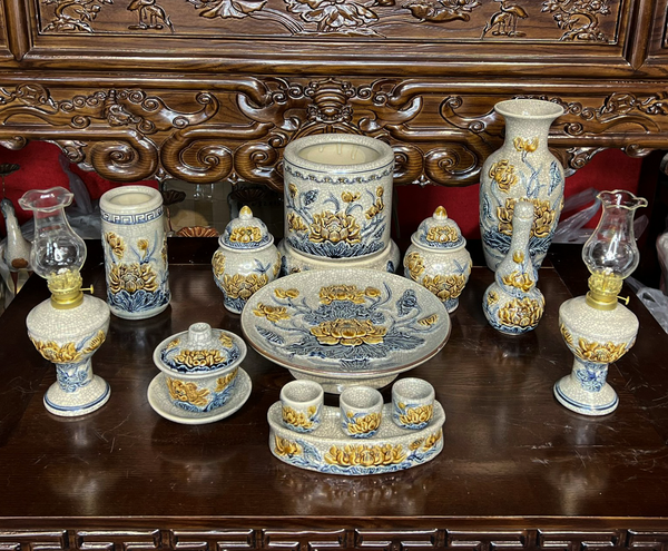  Đồ thờ Hoa sen thờ Phật Men Rạn đắp nổi Bát Tràng hàng Nghệ nhân MRPA06 