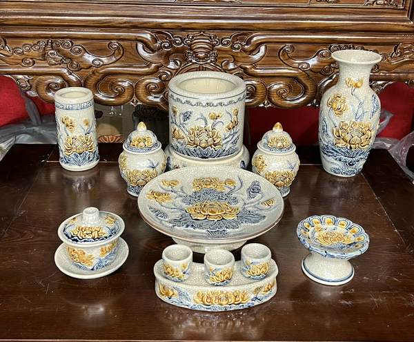  Đồ thờ gốm bát tràng họa tiết Hoa sen Men Rạn đắp nổi Bát Tràng hàng Nghệ nhân MRPA08 