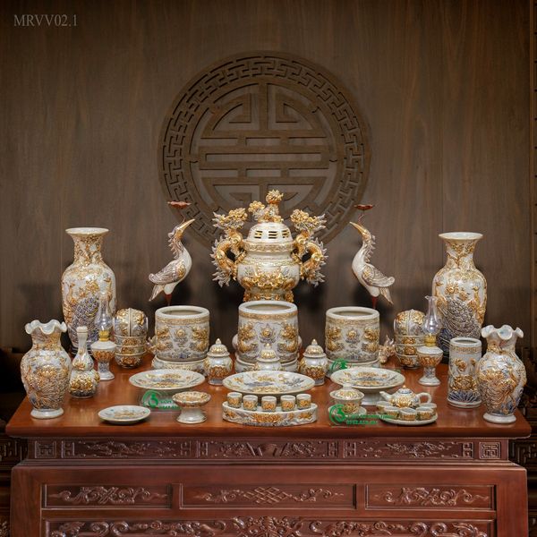  Bồ đồ thờ Đầy đủ Ngũ sự Gốm sứ Bát Tràng Vẽ Vàng 24K Cao cấp Men rạn Đắp nổi - Hàng Nghệ nhân MRVV02 