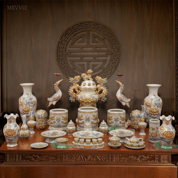  Bồ đồ thờ Đầy đủ Ngũ sự Gốm sứ Bát Tràng Vẽ Vàng 24K Cao cấp Men rạn Đắp nổi - Hàng Nghệ nhân MRVV02 