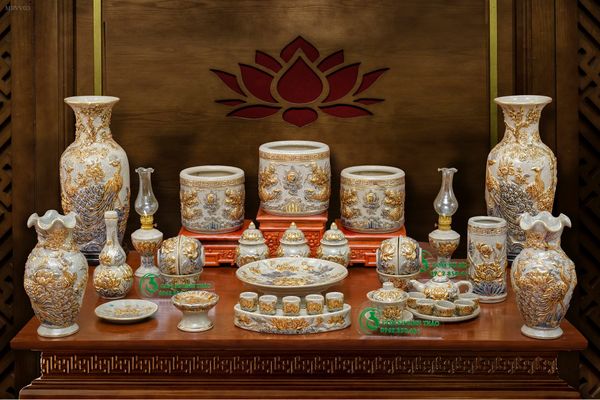  Bộ đồ thờ Gốm sứ Bát Tràng Vẽ Vàng 24K Cao cấp Men rạn Đắp nổi - Hàng Nghệ nhân MRVV03 