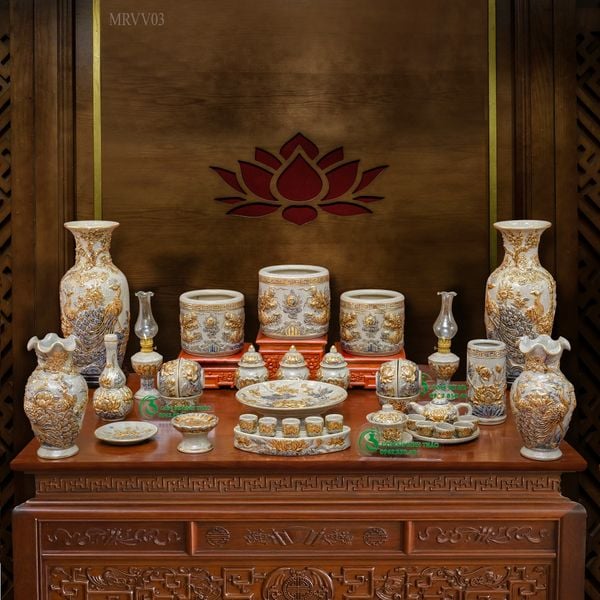  Bộ đồ thờ Gốm sứ Bát Tràng Vẽ Vàng 24K Cao cấp Men rạn Đắp nổi - Hàng Nghệ nhân MRVV03 